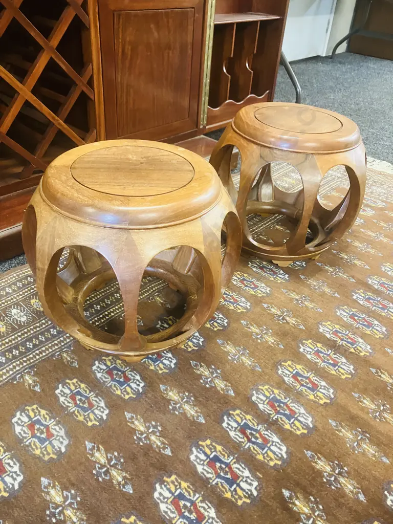 Pair of Chinese Melon-Form Rosewood Stools, Side Tables. 33 x 40cm Image 1++