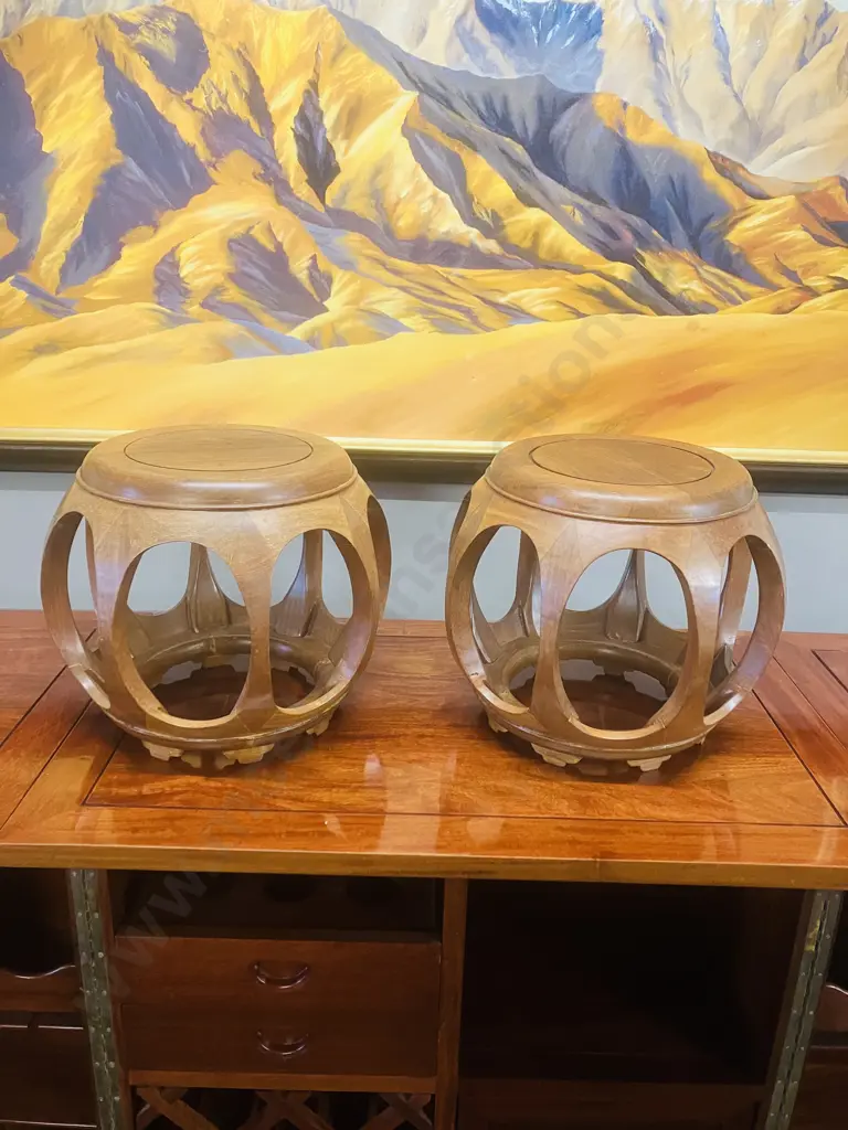 Pair of Chinese Melon-Form Rosewood Stools, Side Tables. 33 x 40cm Image 1++