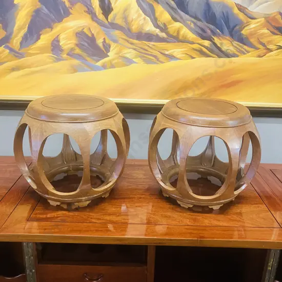 Pair of Chinese Melon-Form Rosewood Stools, Side Tables. 33 x 40cm