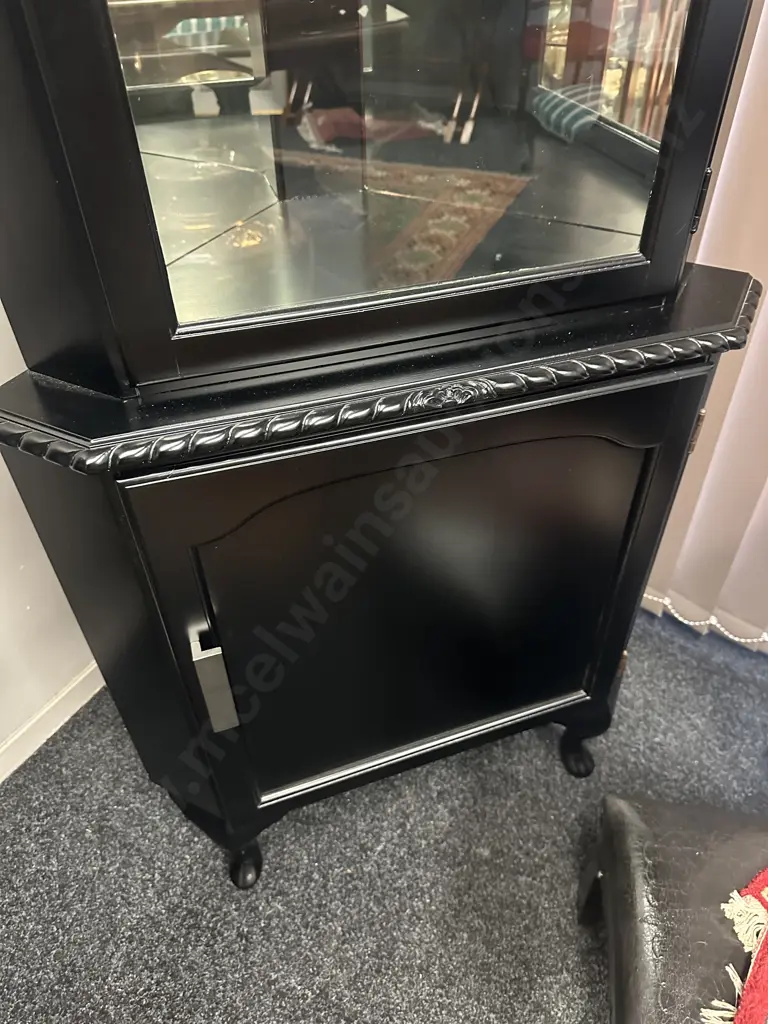 Mahogany Painted Black Corner Display Cabinet Two Glass Shelves, Cabriole Legs, Rope Edge Detail H182,W75,D45cm. Image 1++