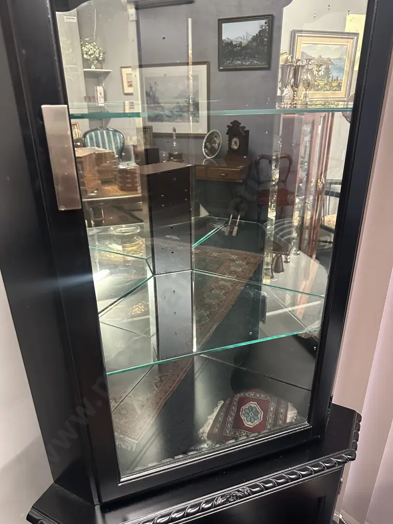 Mahogany Painted Black Corner Display Cabinet Two Glass Shelves, Cabriole Legs, Rope Edge Detail H182,W75,D45cm. Image 1++