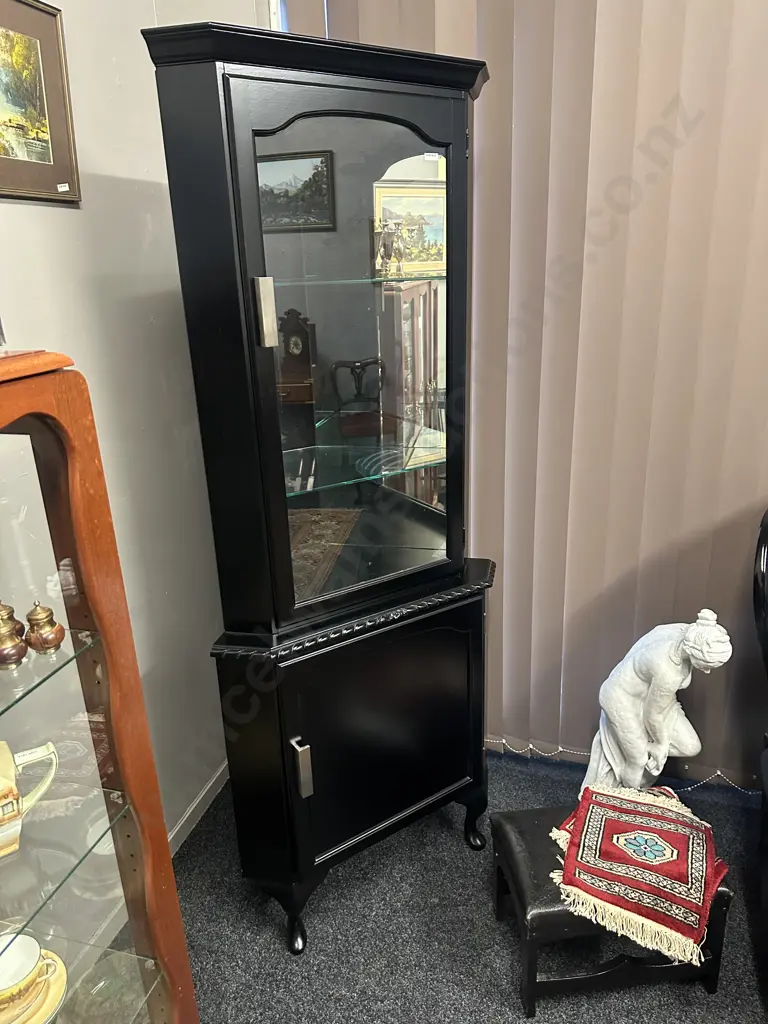 Mahogany Painted Black Corner Display Cabinet Two Glass Shelves, Cabriole Legs, Rope Edge Detail H182,W75,D45cm. Image 1++
