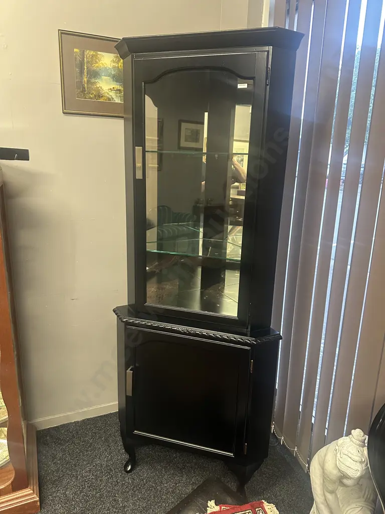 Mahogany Painted Black Corner Display Cabinet Two Glass Shelves, Cabriole Legs, Rope Edge Detail H182,W75,D45cm. Image 1++