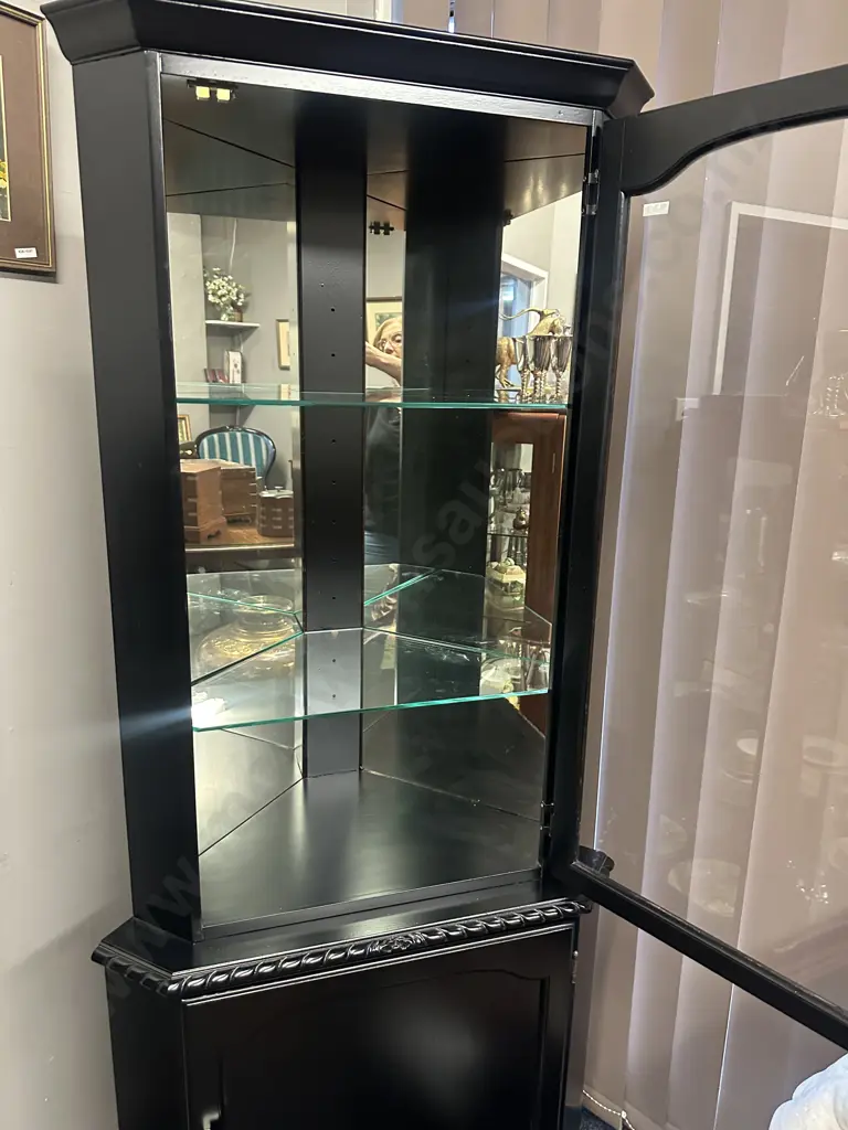 Mahogany Painted Black Corner Display Cabinet Two Glass Shelves, Cabriole Legs, Rope Edge Detail H182,W75,D45cm. Image 1++
