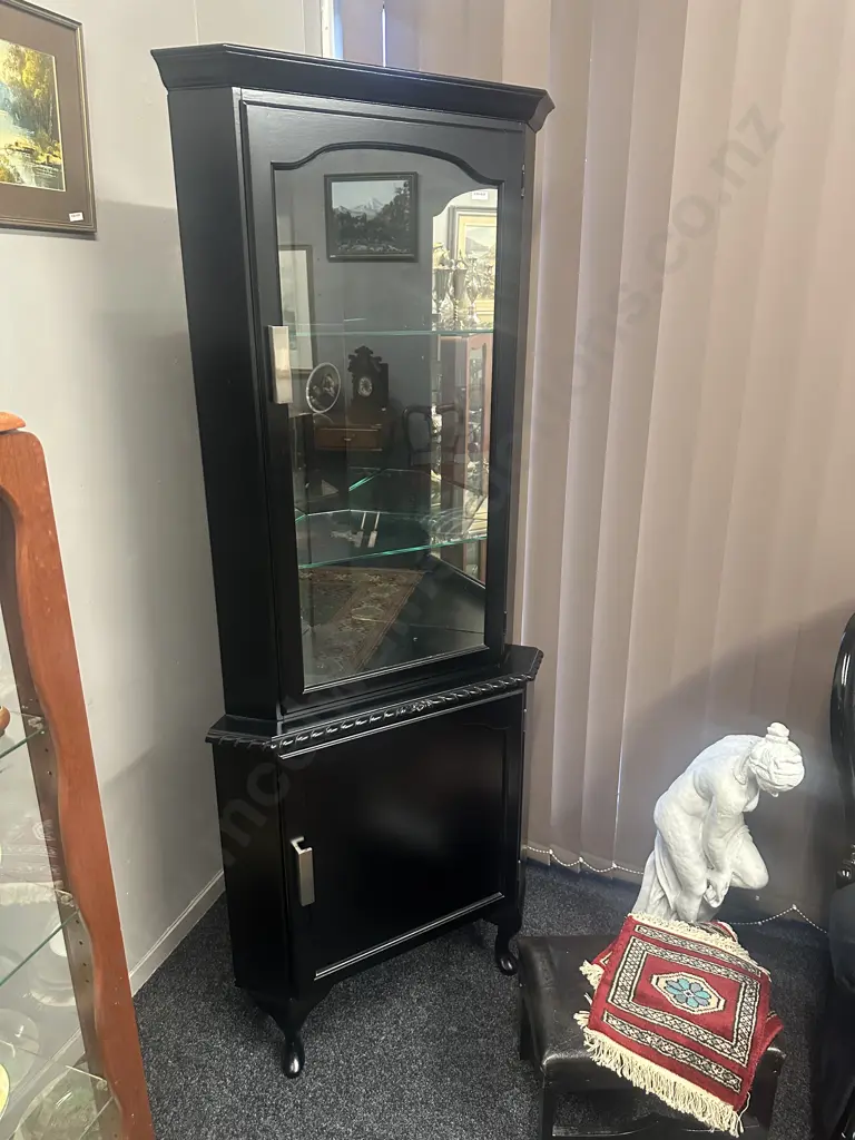 Mahogany Painted Black Corner Display Cabinet Two Glass Shelves, Cabriole Legs, Rope Edge Detail H182,W75,D45cm. Image 1++