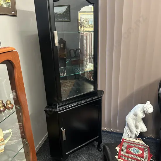 Mahogany Painted Black Corner Display Cabinet Two Glass Shelves, Cabriole Legs, Rope Edge Detail H182,W75,D45cm.