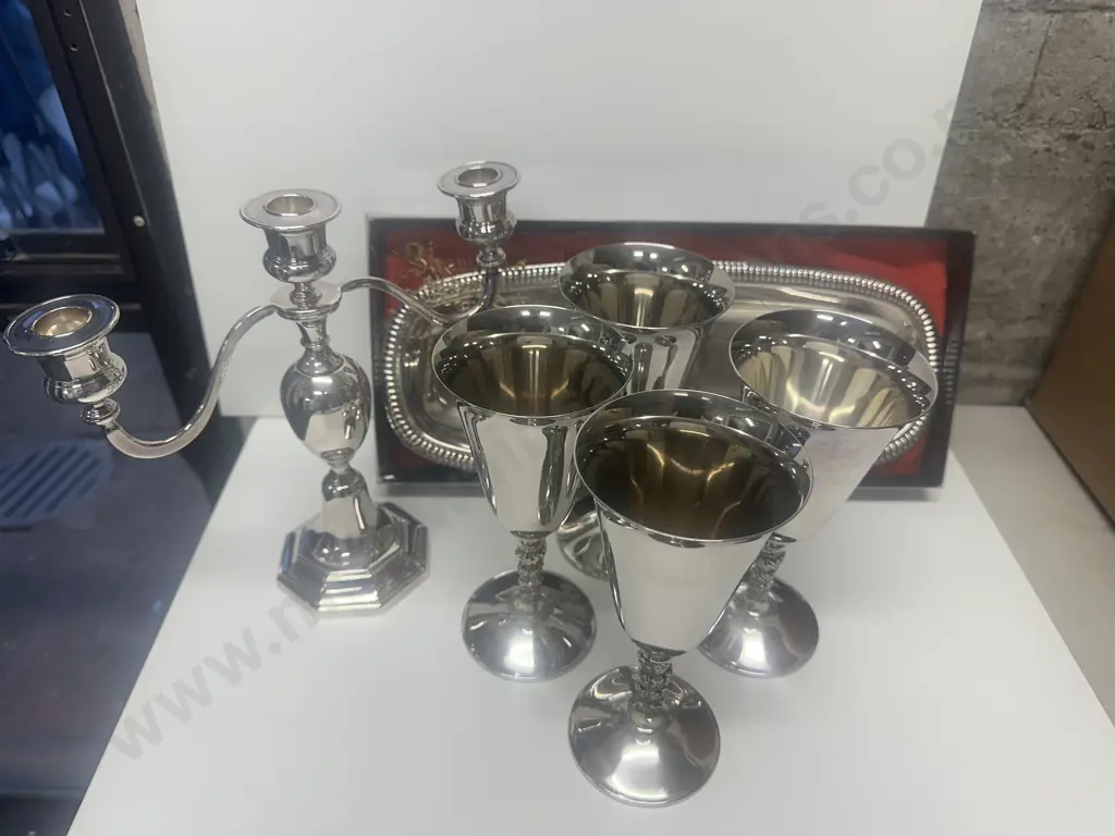 Selection Of Silverware Items Including Candelabra, Goblets x4 & Sherwood Platter Image 1++