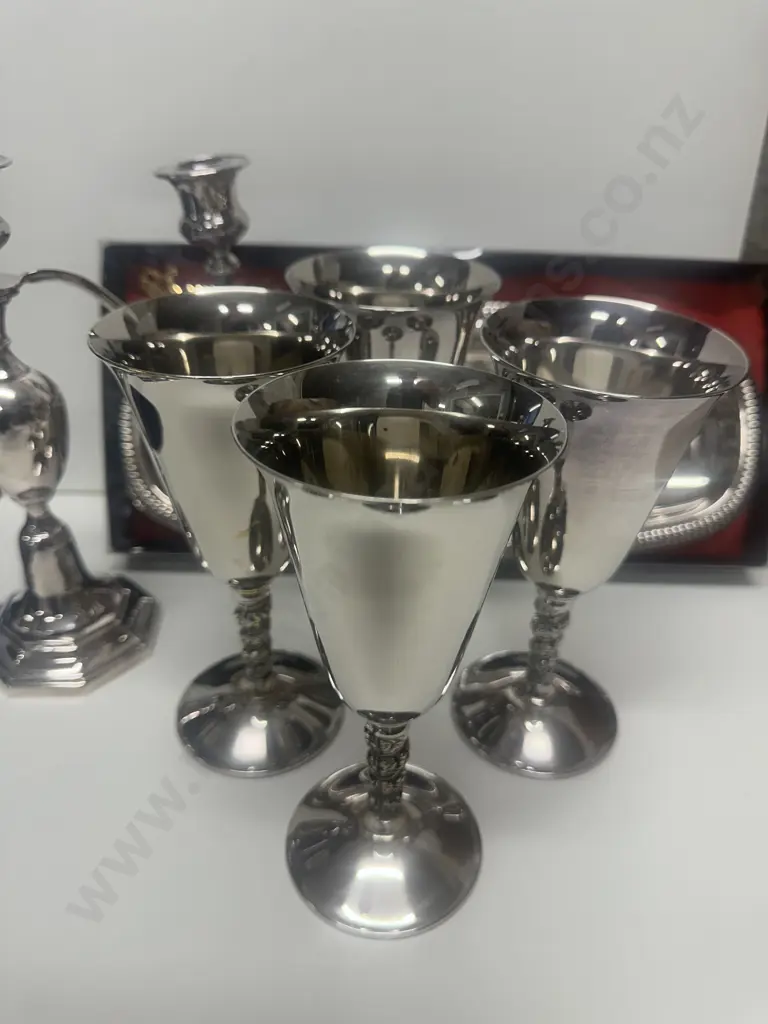 Selection Of Silverware Items Including Candelabra, Goblets x4 & Sherwood Platter Image 1++