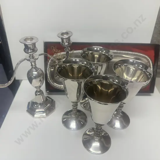 Selection Of Silverware Items Including Candelabra, Goblets x4 & Sherwood Platter