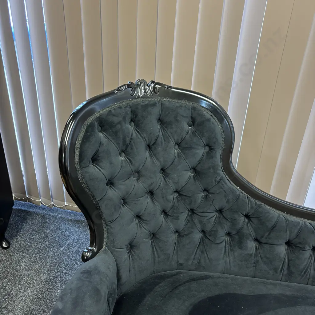 Mahogany Painted Black Chaise Lounge, Buttoned Back, Black Velour Upholstered, Cabriole Legs H100,W165,D62cm. Image 1++