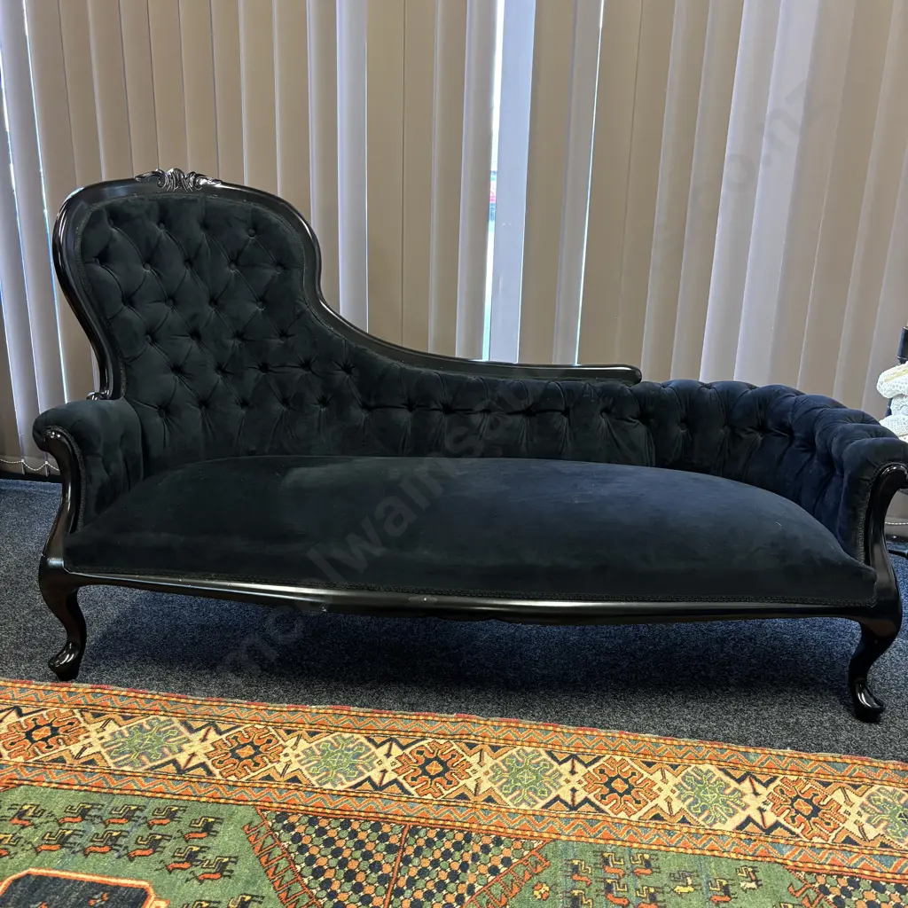 Mahogany Painted Black Chaise Lounge, Buttoned Back, Black Velour Upholstered, Cabriole Legs H100,W165,D62cm. Image 1++