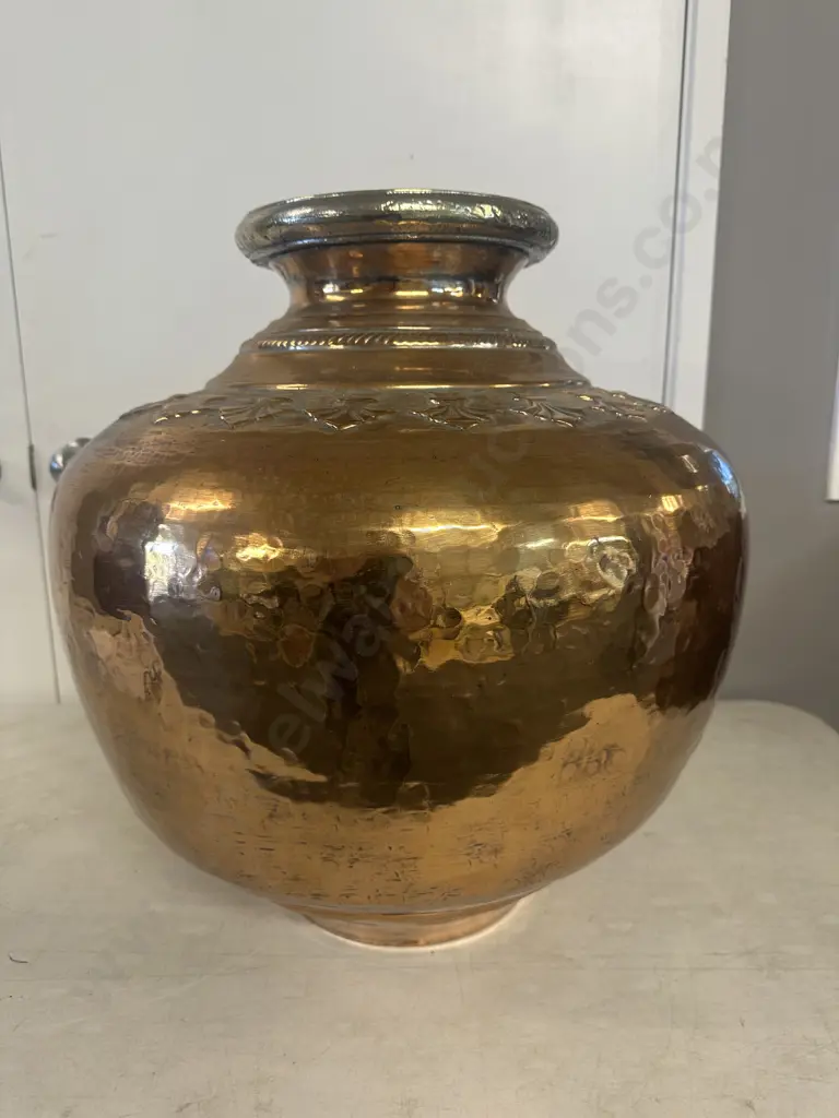 Large Vintage Decorative Vessel With Brass Rim & Motifs H56cm. Image 1++