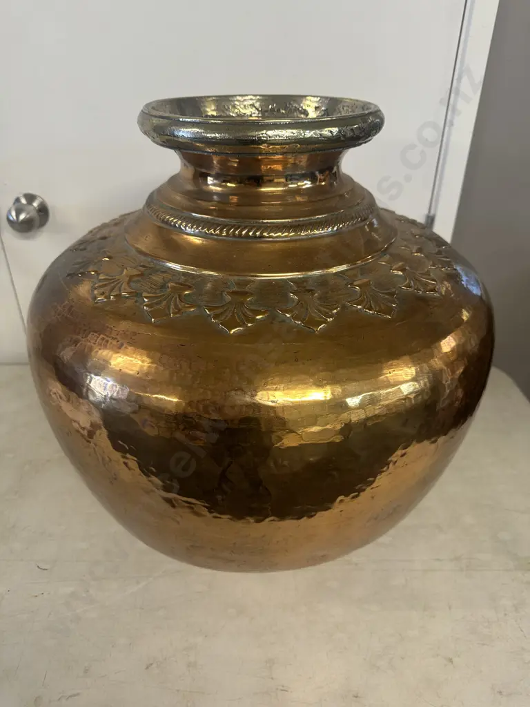 Large Vintage Decorative Vessel With Brass Rim & Motifs H56cm. Image 1++