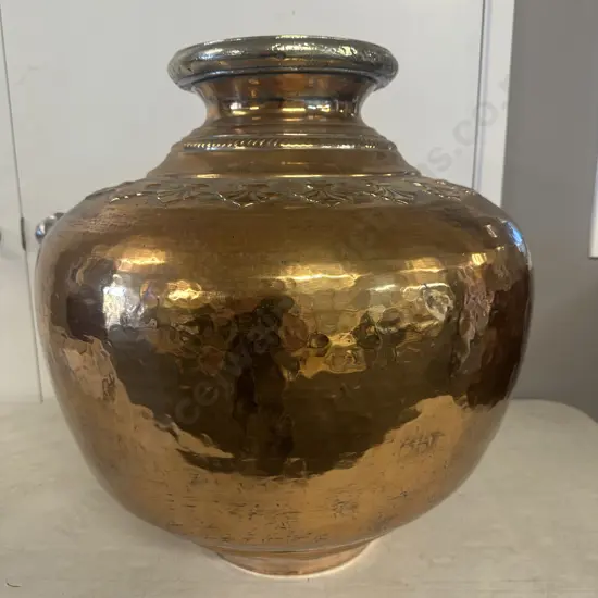 Large Vintage Decorative Vessel With Brass Rim & Motifs H56cm.