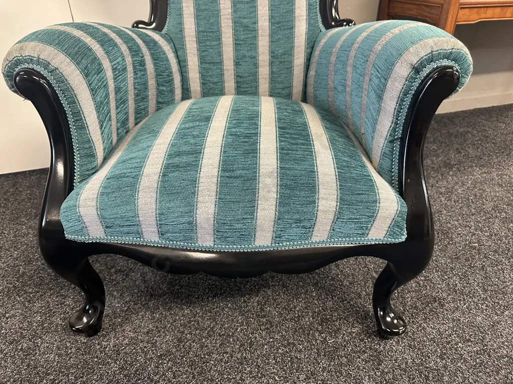 Mahogany Painted Black Grandfather Chair Ornate Detail, Cabriole Legs, Aqua Striped Upholstery & Cabriole Legs. Image 1++