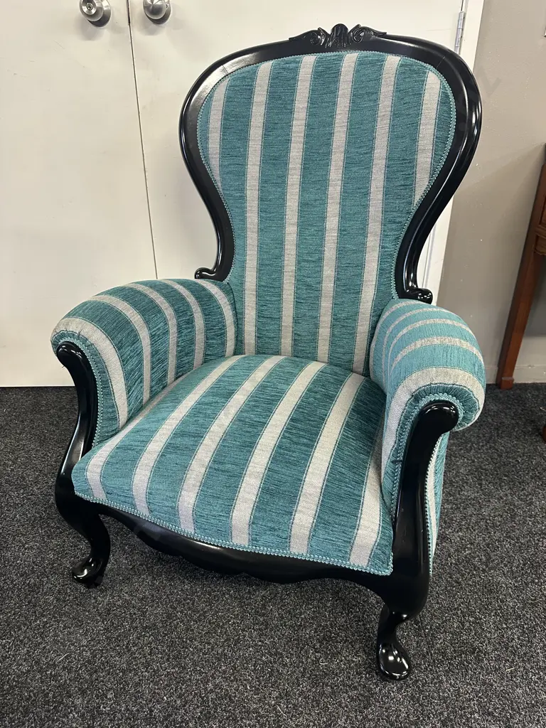 Mahogany Painted Black Grandfather Chair Ornate Detail, Cabriole Legs, Aqua Striped Upholstery & Cabriole Legs. Image 1++