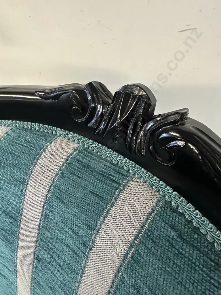 Mahogany Painted Black Grandfather Chair Ornate Detail, Cabriole Legs, Aqua Striped Upholstery & Cabriole Legs. Image 1++