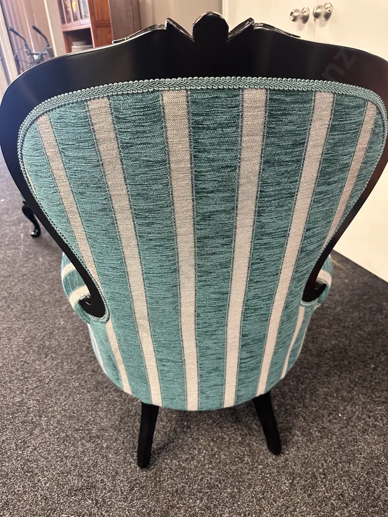 Mahogany Painted Black Grandfather Chair Ornate Detail, Cabriole Legs, Aqua Striped Upholstery & Cabriole Legs. Image 1++
