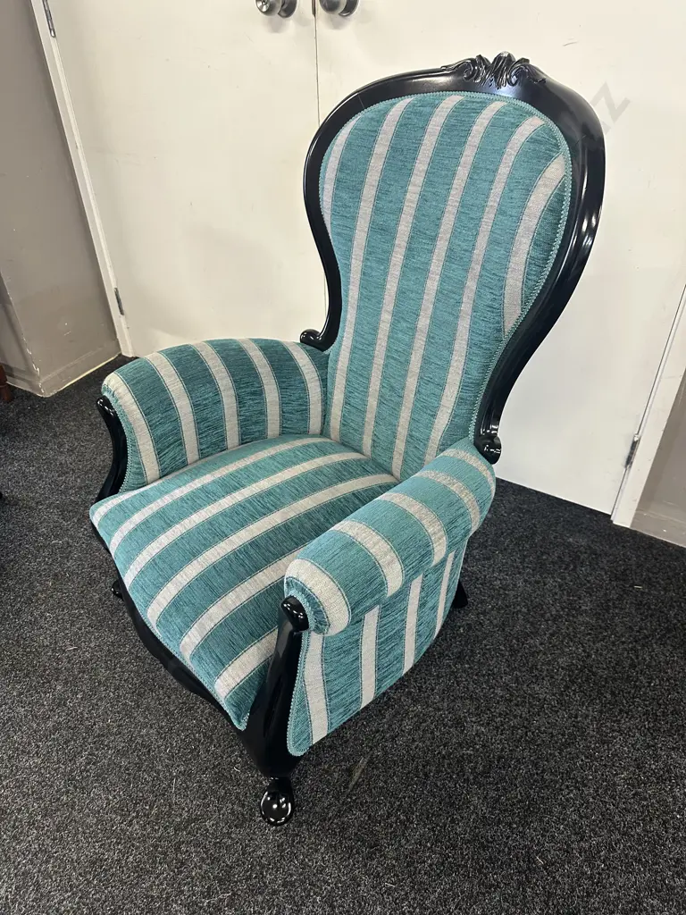 Mahogany Painted Black Grandfather Chair Ornate Detail, Cabriole Legs, Aqua Striped Upholstery & Cabriole Legs. Image 1++