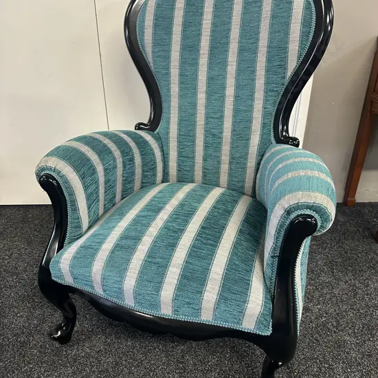 Mahogany Painted Black Grandfather Chair Ornate Detail, Cabriole Legs, Aqua Striped Upholstery & Cabriole Legs.