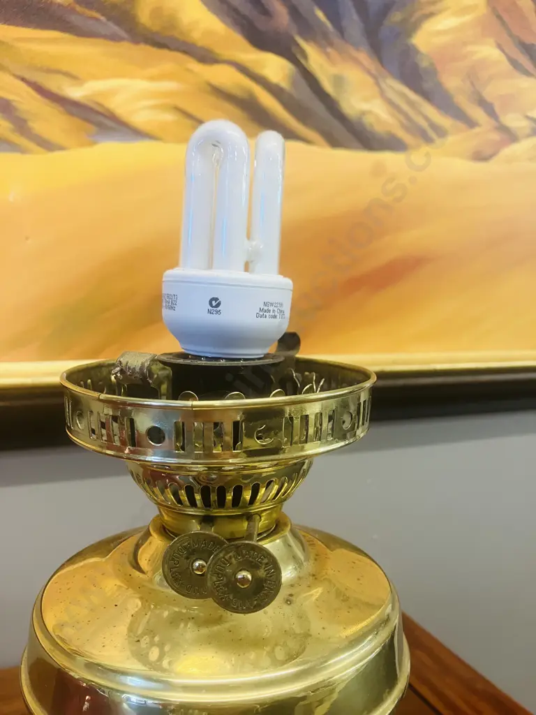 Antique Victorian Brass Oil Lamp With Duplex Dual Wick Burner, Cranberry Glass Shade - Converted To Electric Image 1++