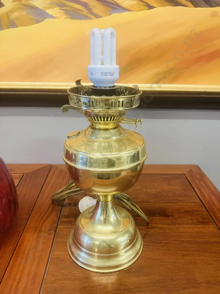 Antique Victorian Brass Oil Lamp With Duplex Dual Wick Burner, Cranberry Glass Shade - Converted To Electric Image 1++