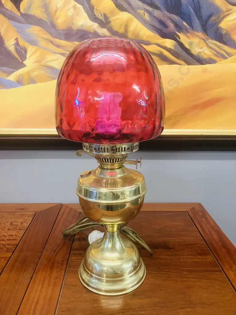 Antique Victorian Brass Oil Lamp With Duplex Dual Wick Burner, Cranberry Glass Shade - Converted To Electric Image 1++