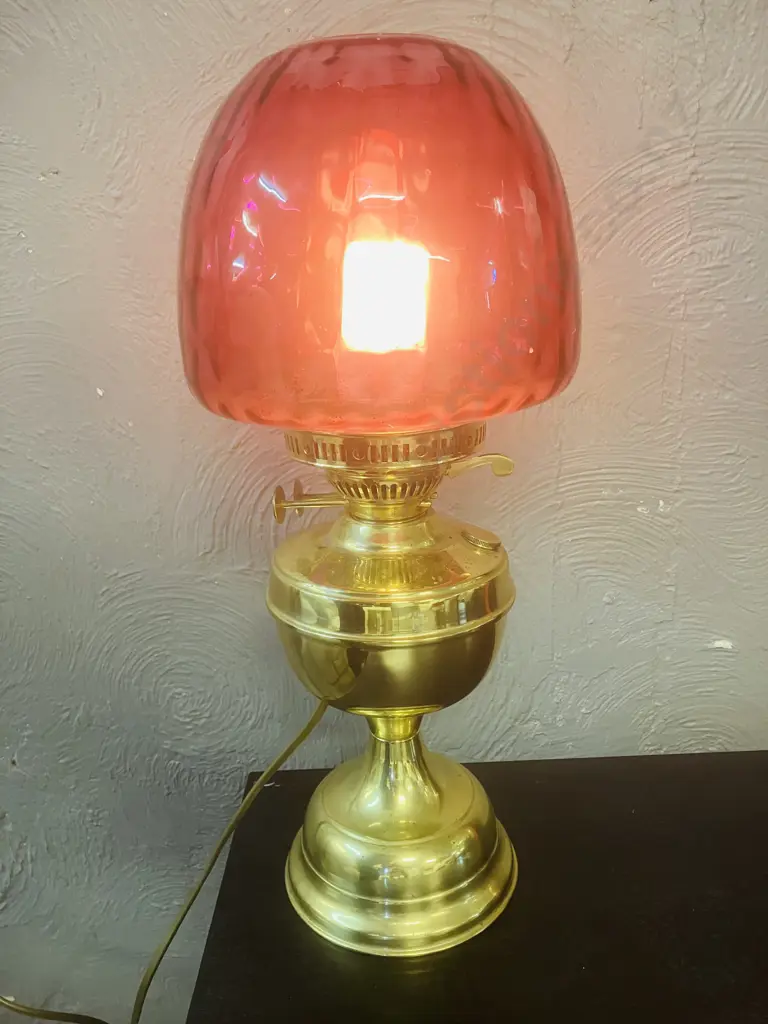 Antique Victorian Brass Oil Lamp With Duplex Dual Wick Burner, Cranberry Glass Shade - Converted To Electric Image 1++