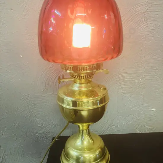 Antique Victorian Brass Oil Lamp With Duplex Dual Wick Burner, Cranberry Glass Shade - Converted To Electric