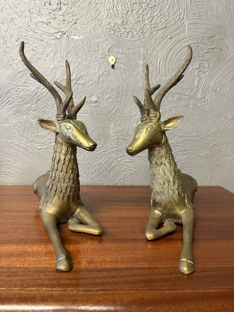 Pair Of Vintage Regency Brass Resting Laying Deer Sculpture Figurines H28,W30cm. Image 1++