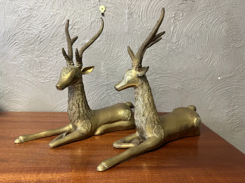 Pair Of Vintage Regency Brass Resting Laying Deer Sculpture Figurines H28,W30cm. Image 1++