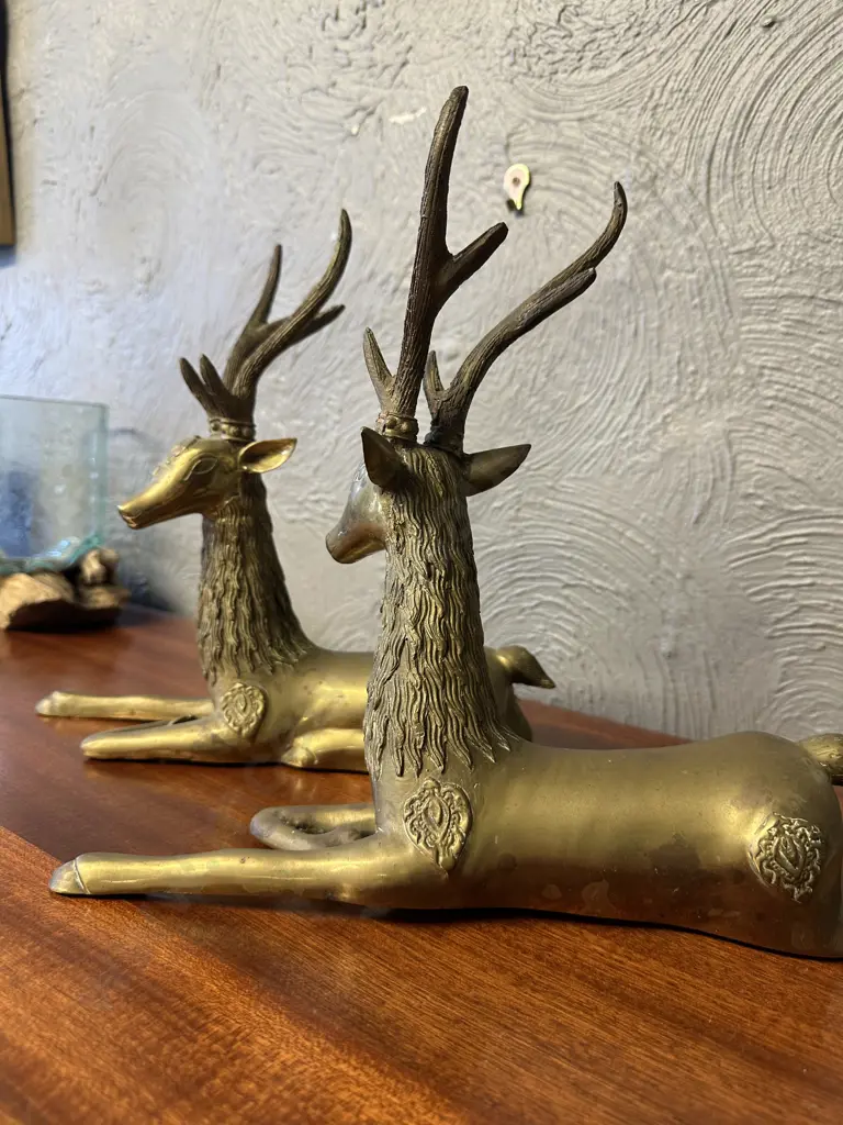 Pair Of Vintage Regency Brass Resting Laying Deer Sculpture Figurines H28,W30cm. Image 1++