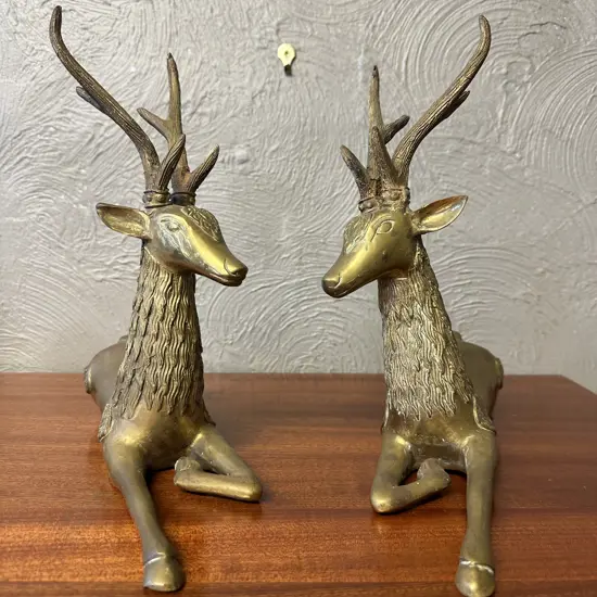 Pair Of Vintage Regency Brass Resting Laying Deer Sculpture Figurines H28,W30cm.