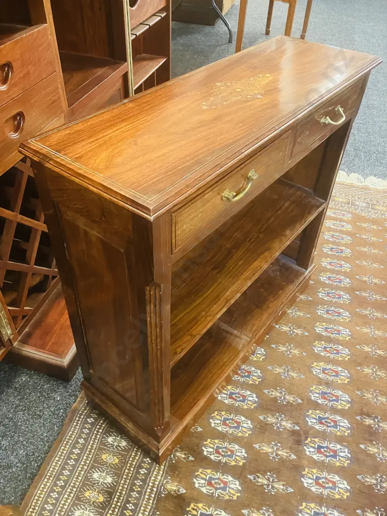 Rosewood Twin Drawer Bookcase With Brass Fittings & Inlay. H76 W79.5 D27cm Image 1++