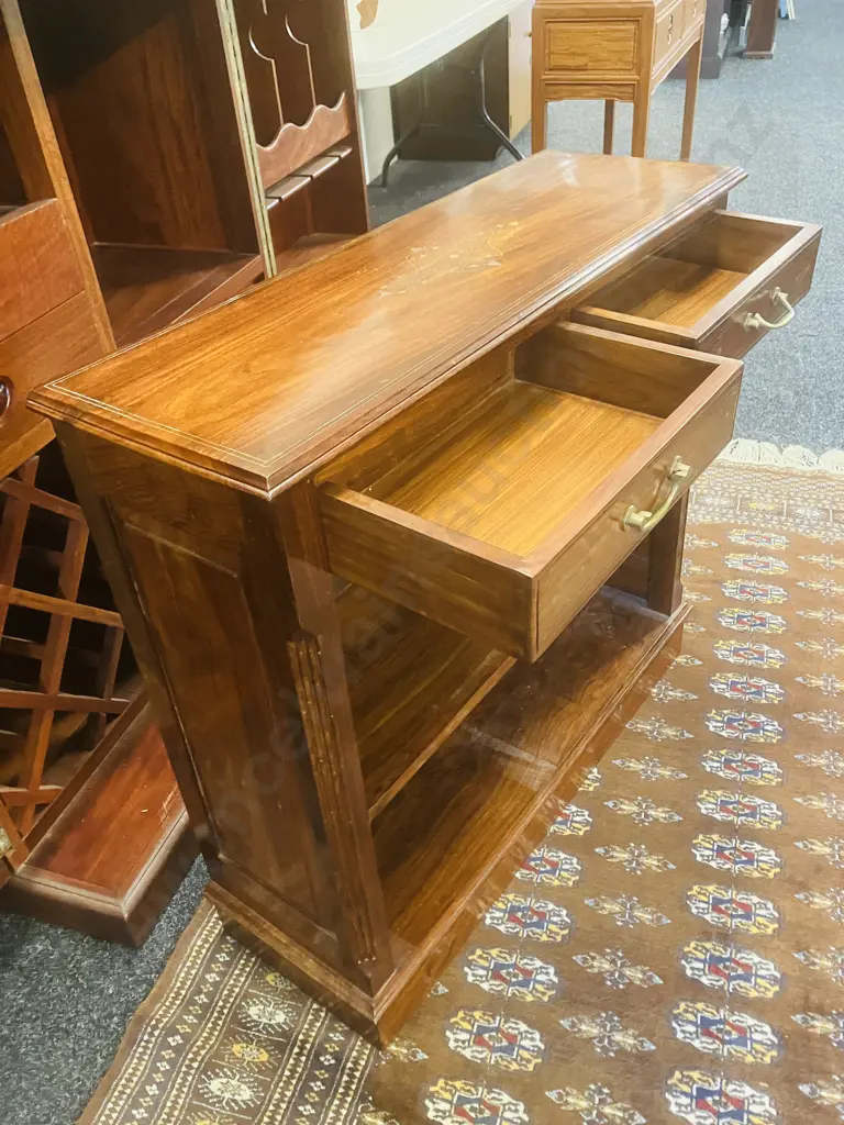 Rosewood Twin Drawer Bookcase With Brass Fittings & Inlay. H76 W79.5 D27cm Image 1++