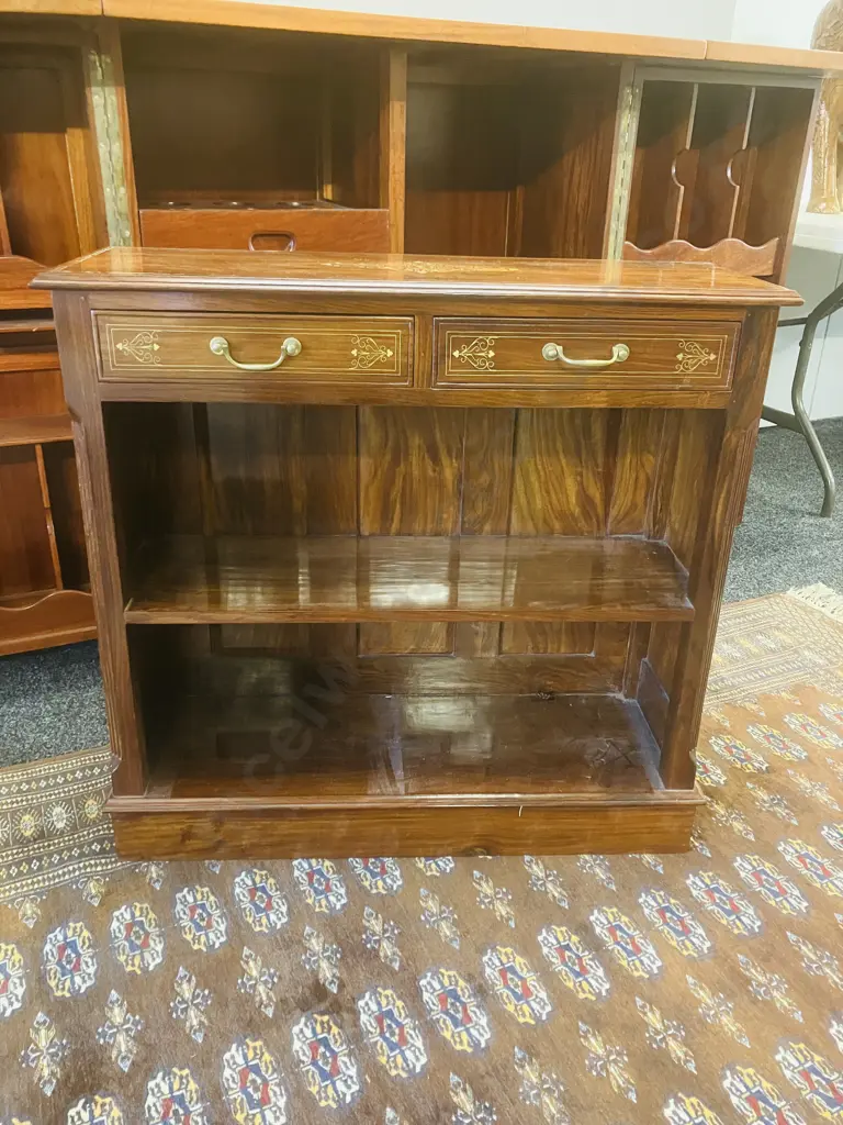 Rosewood Twin Drawer Bookcase With Brass Fittings & Inlay. H76 W79.5 D27cm Image 1++