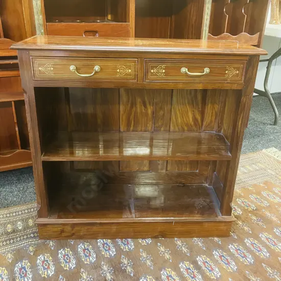 Rosewood Twin Drawer Bookcase With Brass Fittings & Inlay. H76 W79.5 D27cm