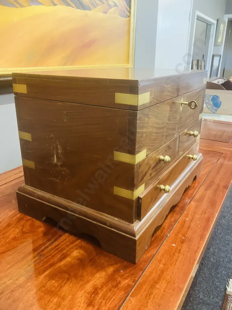 Vintage Indian Rosewood Brass Bound Desk Box With Keys, 3 Drawers, Lift-out Partitioned Tray. H28 W41 D28cm Image 1++