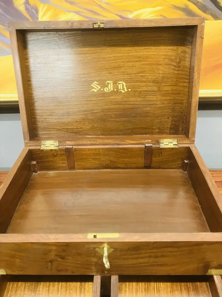 Vintage Indian Rosewood Brass Bound Desk Box With Keys, 3 Drawers, Lift-out Partitioned Tray. H28 W41 D28cm Image 1++