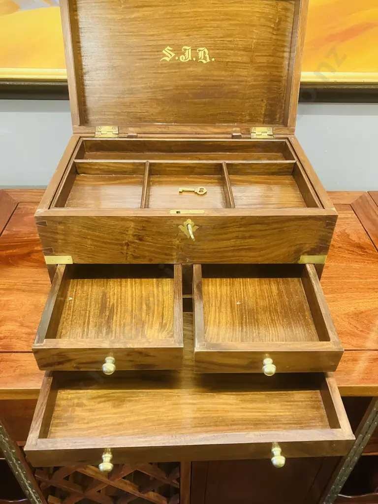 Vintage Indian Rosewood Brass Bound Desk Box With Keys, 3 Drawers, Lift-out Partitioned Tray. H28 W41 D28cm Image 1++