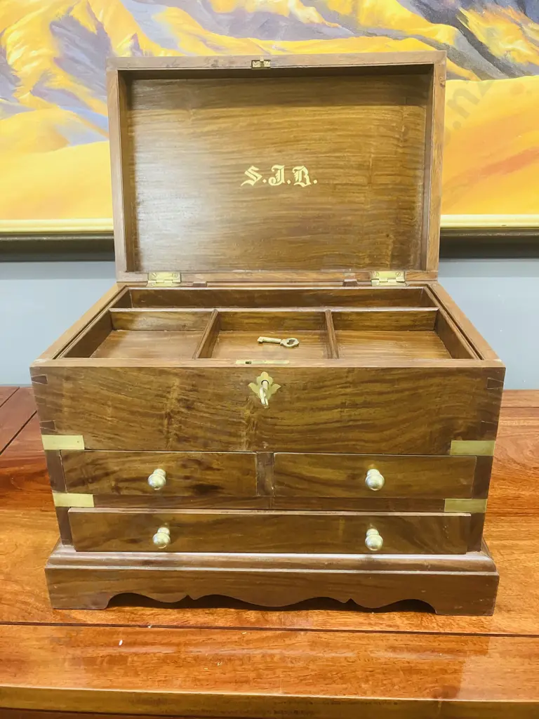Vintage Indian Rosewood Brass Bound Desk Box With Keys, 3 Drawers, Lift-out Partitioned Tray. H28 W41 D28cm Image 1++