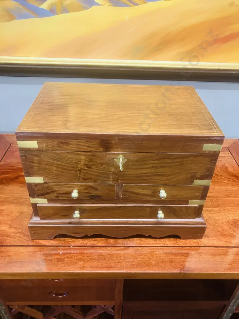 Vintage Indian Rosewood Brass Bound Desk Box With Keys, 3 Drawers, Lift-out Partitioned Tray. H28 W41 D28cm Image 1++