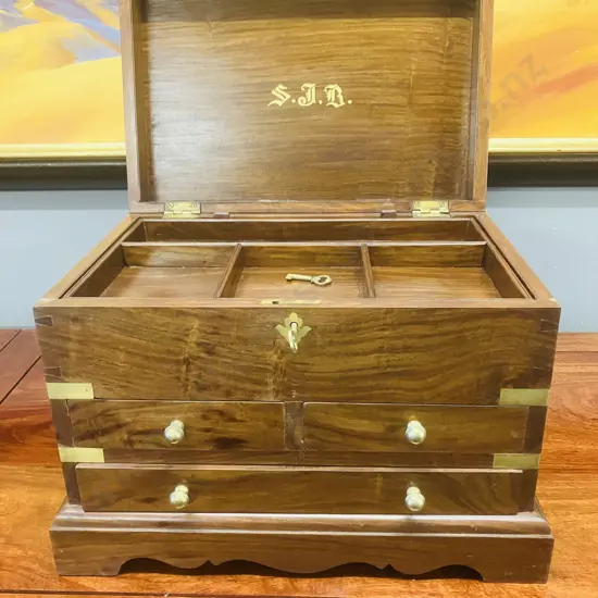 Vintage Indian Rosewood Brass Bound Desk Box With Keys, 3 Drawers, Lift-out Partitioned Tray. H28 W41 D28cm