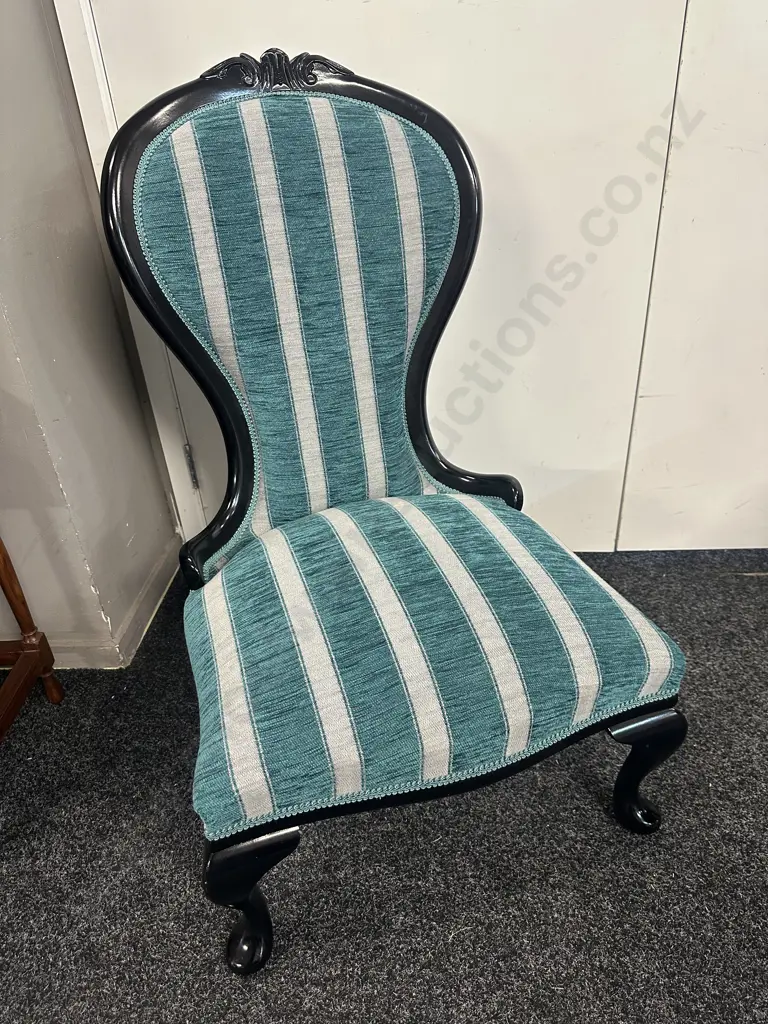 Mahogany Painted Black Small Chair Ornate Detail, Cabriole Legs, Aqua Striped Upholstery & Cabriole Legs. H88,W53cm. Image 1++