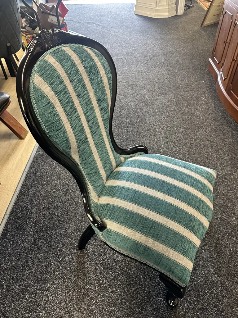 Mahogany Painted Black Small Chair Ornate Detail, Cabriole Legs, Aqua Striped Upholstery & Cabriole Legs. H88,W53cm. Image 1++