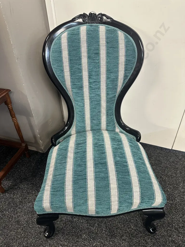 Mahogany Painted Black Small Chair Ornate Detail, Cabriole Legs, Aqua Striped Upholstery & Cabriole Legs. H88,W53cm. Image 1++