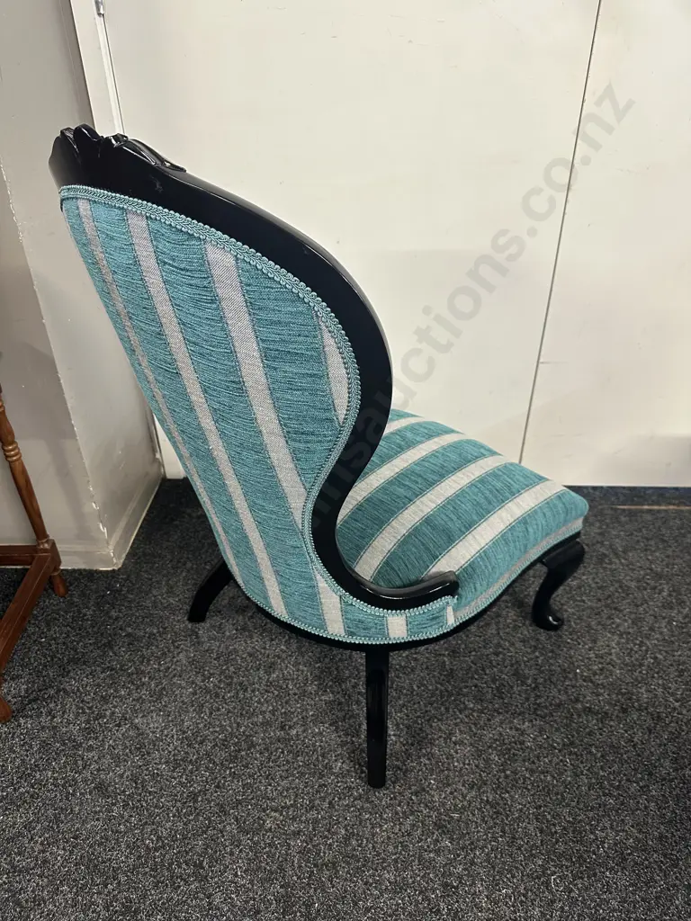 Mahogany Painted Black Small Chair Ornate Detail, Cabriole Legs, Aqua Striped Upholstery & Cabriole Legs. H88,W53cm. Image 1++