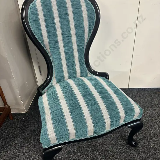 Mahogany Painted Black Small Chair Ornate Detail, Cabriole Legs, Aqua Striped Upholstery & Cabriole Legs. H88,W53cm.