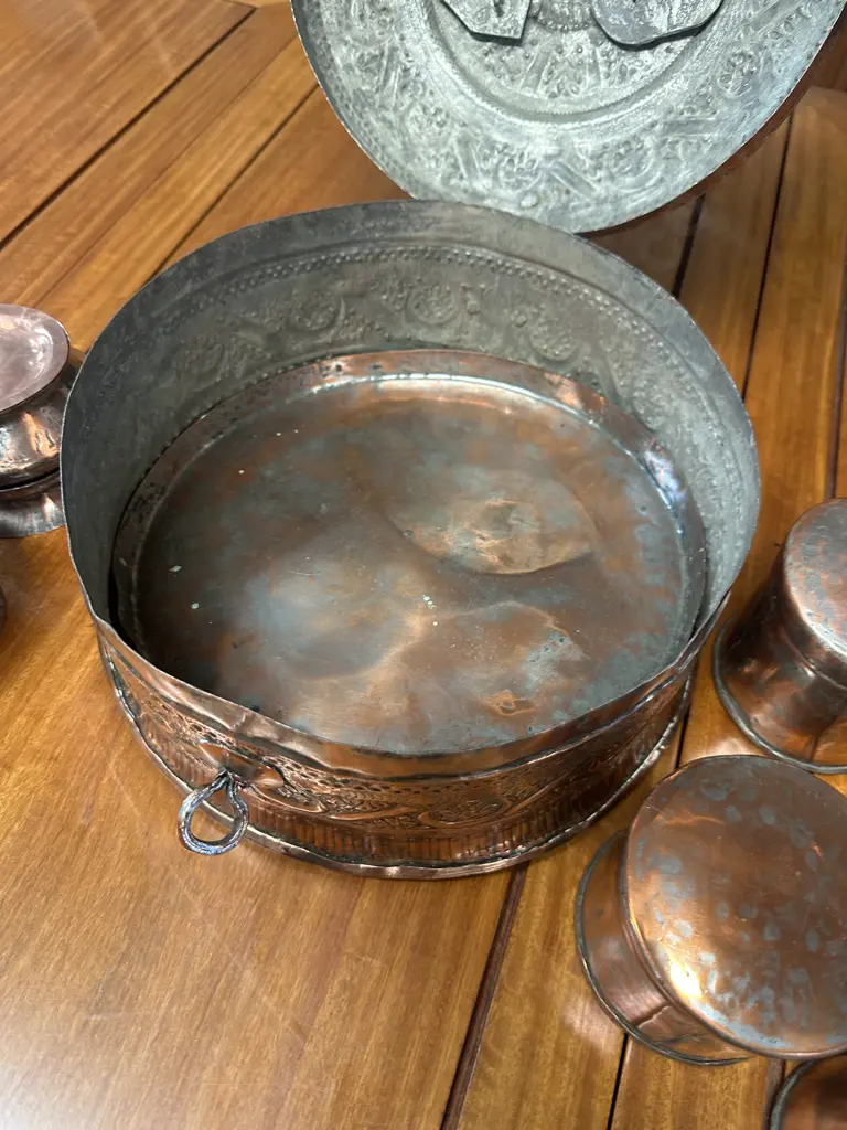 Stunning Vintage Copper Paandaan With Lidded Containers & Cups. 17 x 32cm Image 1++