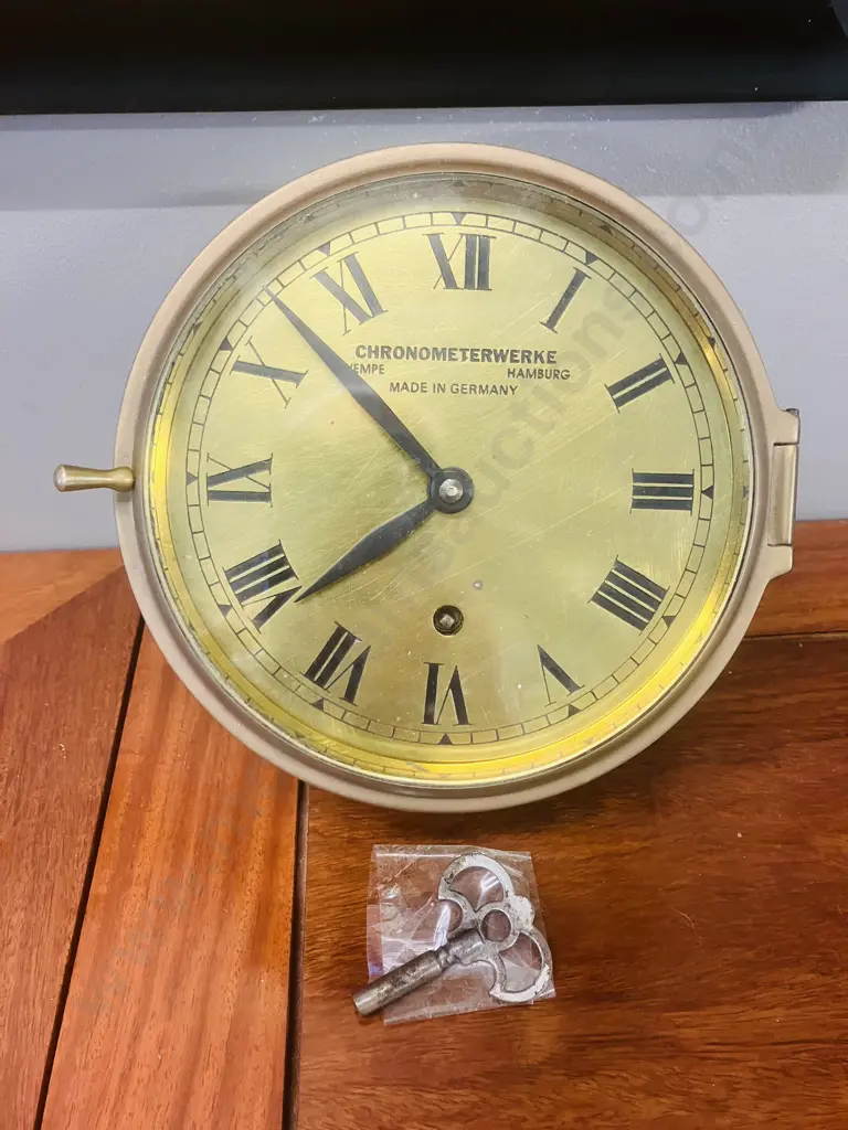 Wembe Hamburg Chronometerwerke Brass Ships Clock With Key. 8.5 x 20cm Image 1++